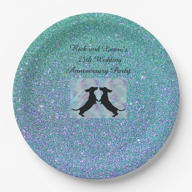 Purple Aqua Ombre Glitter Dachshund Paper Plates (Front)