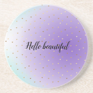 Purple Aqua Ombre Gold Hearts Coaster