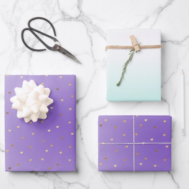 Purple Aqua Ombre Gold Hearts Love Wrapping Paper Sheet (Front)