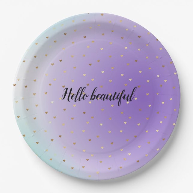 Purple Aqua Ombre Gold Hearts personalized Paper Plate (Front)
