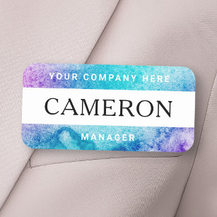 Purple aqua watercolor name, title and company name tag