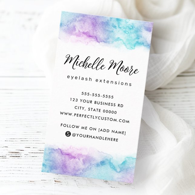 Purple aqua watercolor vertical custom logo business card (Vertical business card  with purple aqua  blue watercolor borders and custom logo)