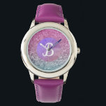 Purple Aquamarine Blended Sparkly Monogram Watch<br><div class="desc">Sweet monogrammed girl's watch with two tone gradient sparkles design. (simulated in art no glitter used)</div>