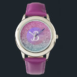 Purple Aquamarine Blended Sparkly Monogram Watch<br><div class="desc">Sweet monogrammed girl's watch with two tone gradient sparkles design. (simulated in art no glitter used)</div>