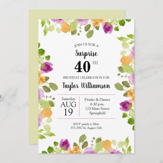 Purple Aquarelle Fleurit Invitations Anniversaires (Devant / Derrière)