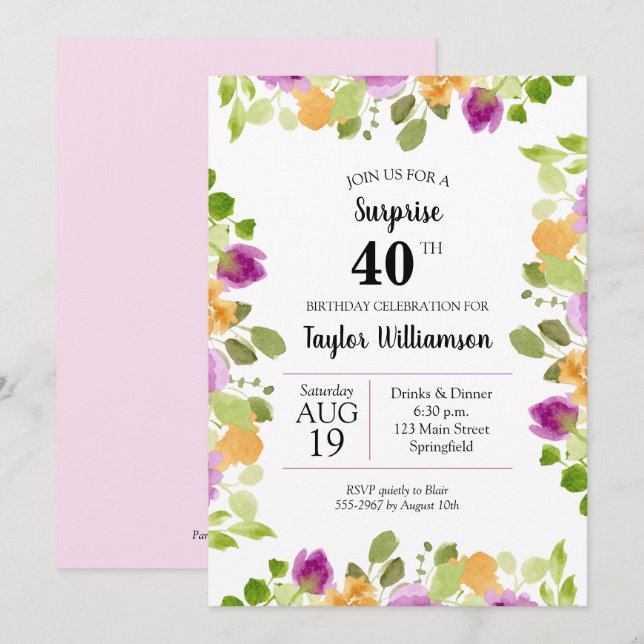 Purple Aquarelle Fleurit Invitations Anniversaires (Devant / Derrière)