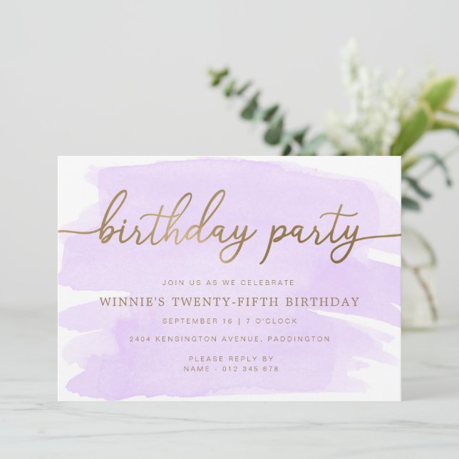 Purple Aquarelle Or Anniversaire Fête Invitation (Debout devant)