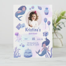 Purple Aquarelle Sirène Anniversaire Invitation