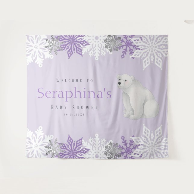 Purple Arctic Polar Bear Baby Shower Backdrop Tapestry (Front (Horizontal))