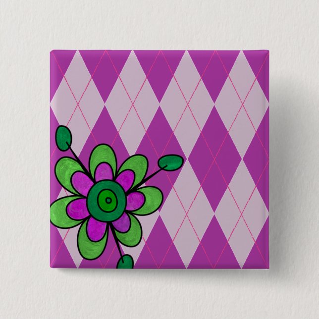 Purple Argyle & Flower 2 Inch Square Button (Front)