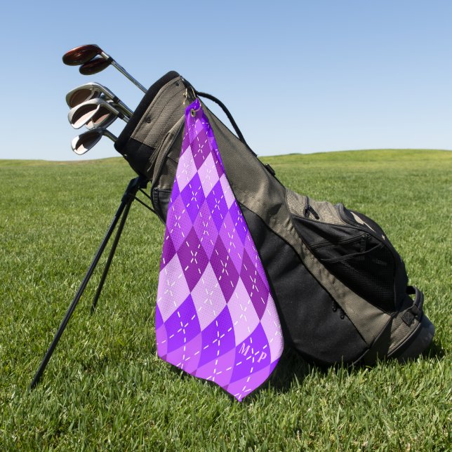 Purple Arygle with White Stitching Personalized Golf Towel (Green)