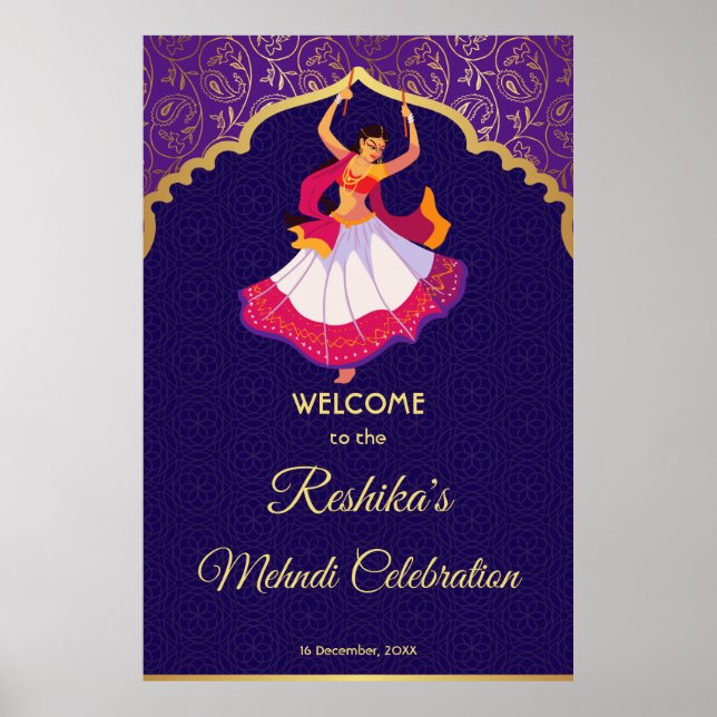 Purple Asian Arabian golden pattern border Mehndi  Poster (Front)
