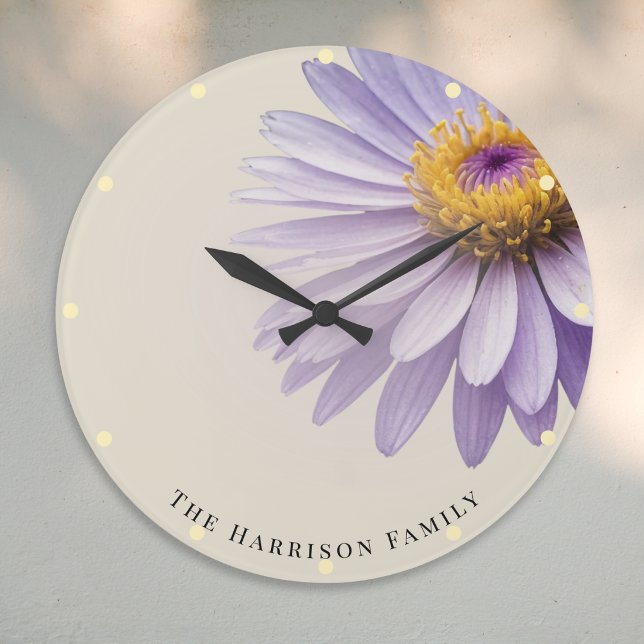 Purple Aster Elegant Floral Botanical Personalized Large Clock (An elegant personalized wall clock, with picture of a purple aster flower, in a modern minimal style)