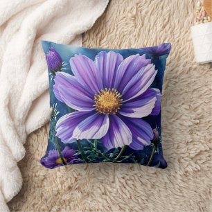 Purple Aster September Birth Flower Watercolor Throw Pillow