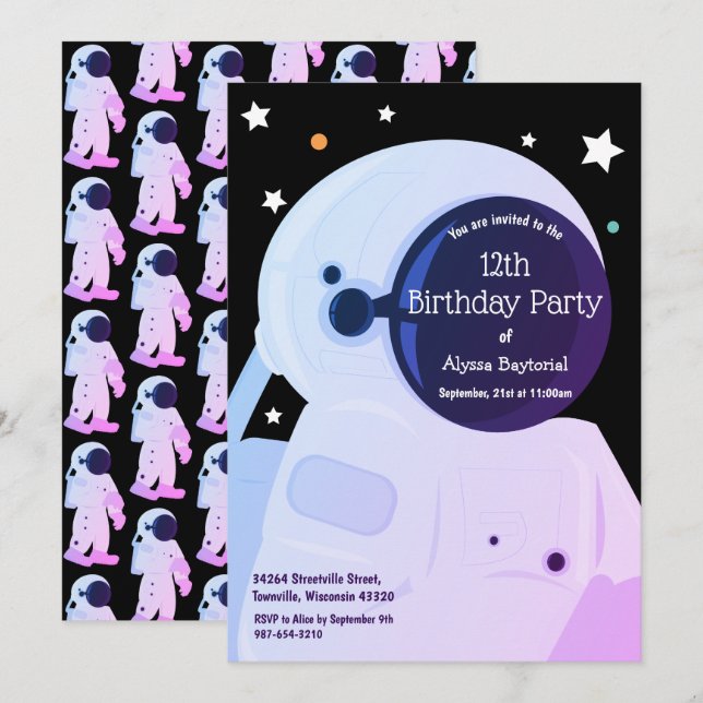 Purple Astronaut Birthday Invitation (Front/Back)