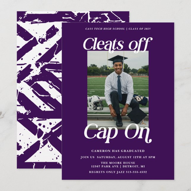 Purple Athlete Graduation Cleats off Cap On Invitation (Front/Back)