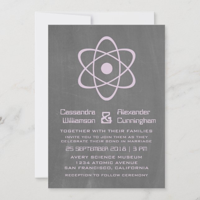 Purple Atomic Chalkboard Wedding Invite (Front)