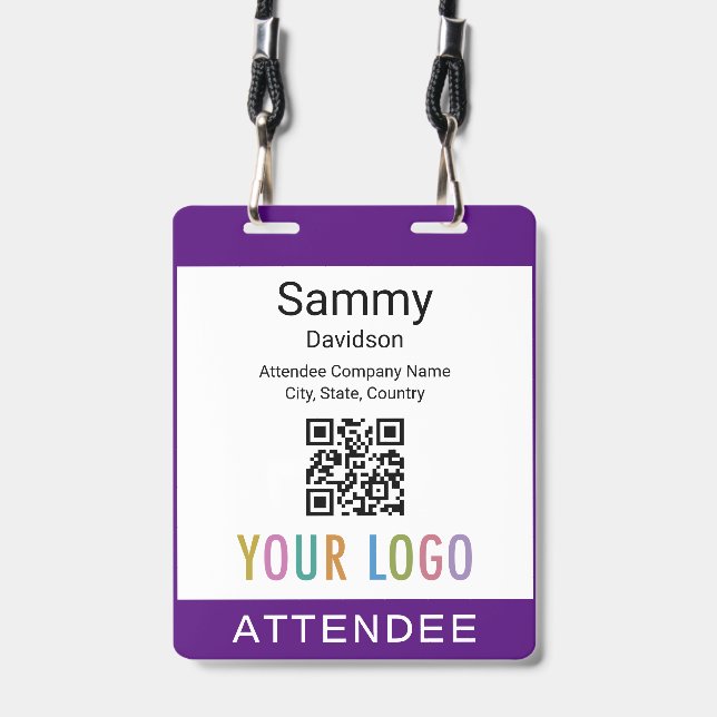Purple Attendee Badge Event Guest QR Code Logo (Front with Lanyard)
