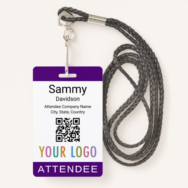 Purple Attendee Badge Event Guest QR Code Logo (Front with Lanyard)