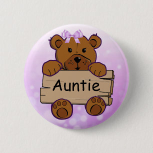 Purple Auntie Teddy Bear Baby Shower 2 Inch Round Button