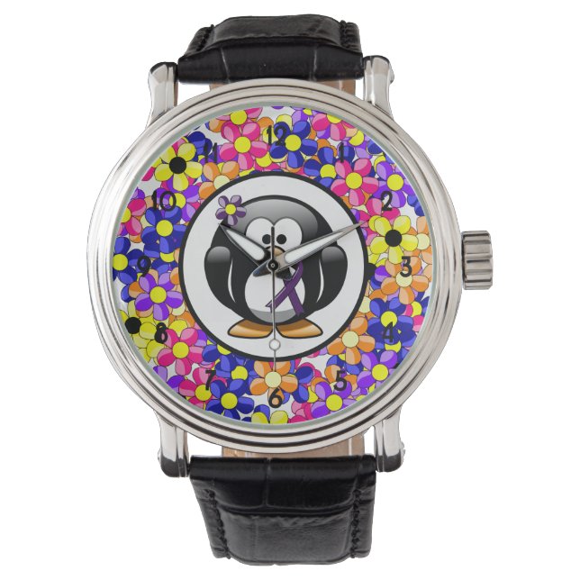 Purple Awareness Ribbon Penguin Watch (Front)