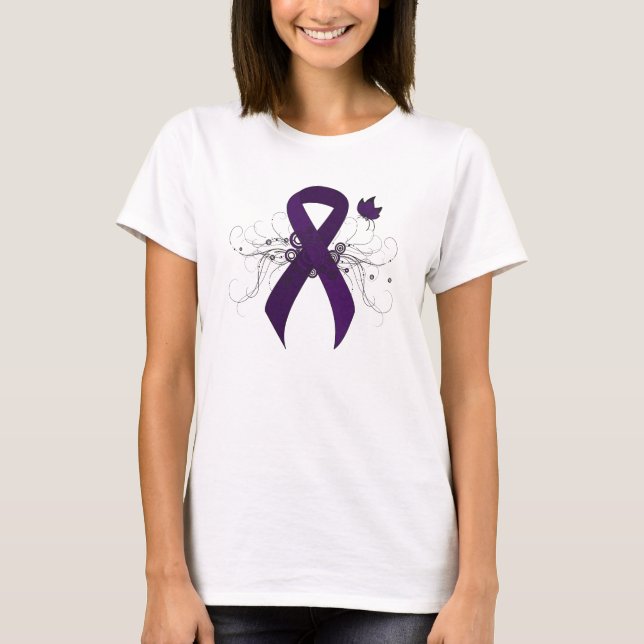 Purple Awareness Ribbon with Butterfly T-Shirt (Front)