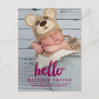 Purple Baby Birth Announcement Postcard | Hello