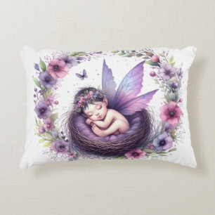 Purple Baby Fairy in a nest Baby Girl Birth Stats Accent Pillow