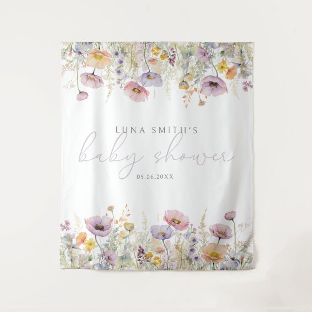 Purple Baby In Bloom Floral Baby Shower Backdrop Tapestry (Front)