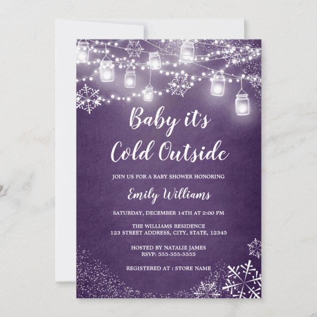 Purple Baby Shower Baby it's Cold Outside Winter Invitation (Front)