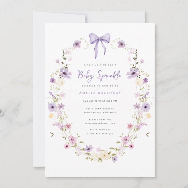 Purple Baby Sprinkle Spring Invitation Fleur sauva (Devant)