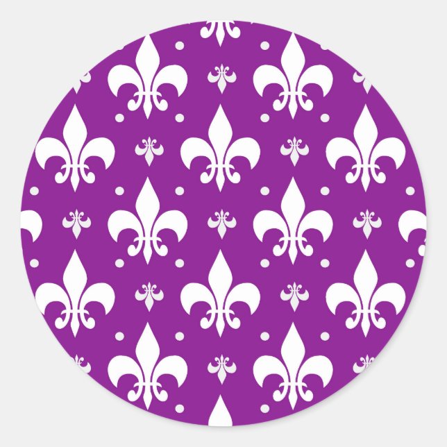 Purple Background Fleur-de-lis Pattern Design  Classic Round Sticker (Front)