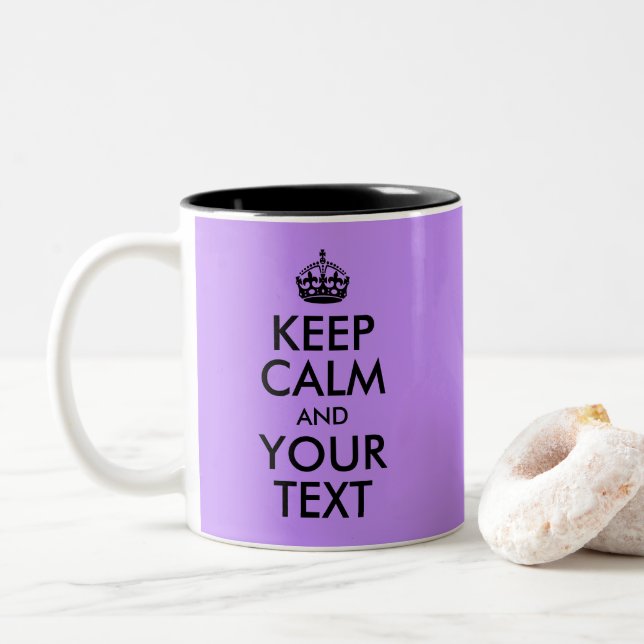 Purple Background Keep Calm and Your Text Two-Tone Coffee Mug (With Donut)