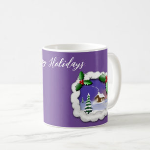 Purple Background with Christmas Tree, House Coffee Mug