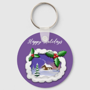  Purple Background with Christmas Tree, House Keychain