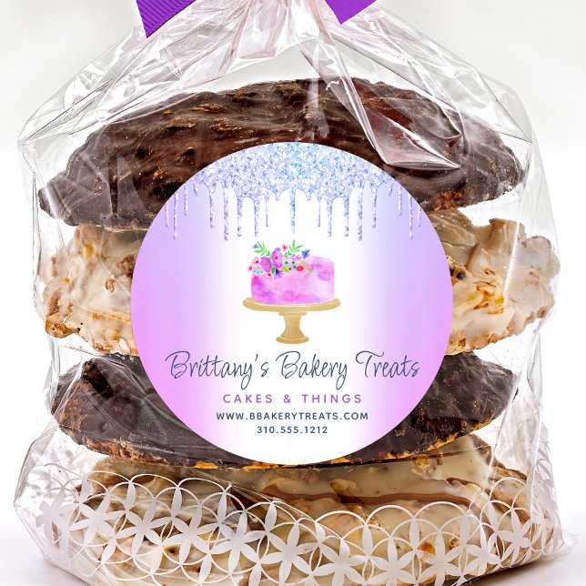 Purple Bakery Cake Glitter Drips Pastry Dessert Classic Round Sticker (Creator Uploaded)