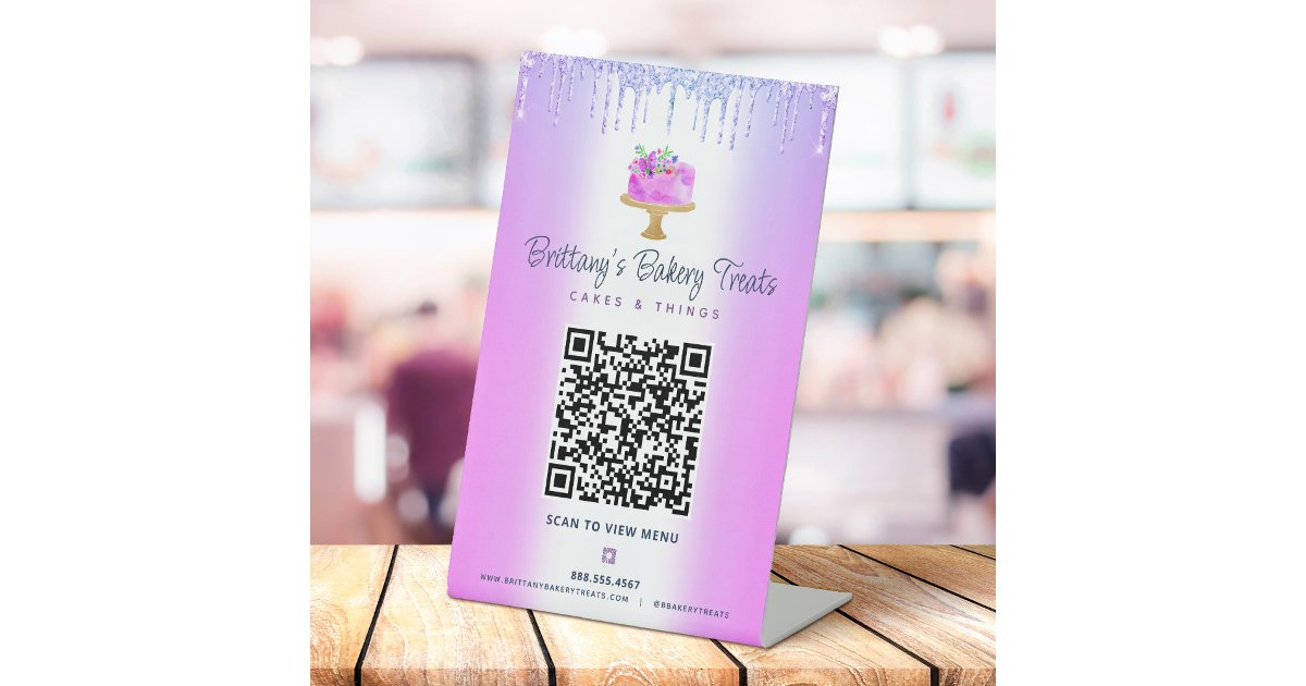 Purple Bakery QR Code Scan Menu Cake Glitter Drips Pedestal Sign | Zazzle