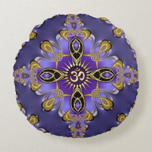 Purple Balance OM Mandala Spiritual Yoga  Round Pillow