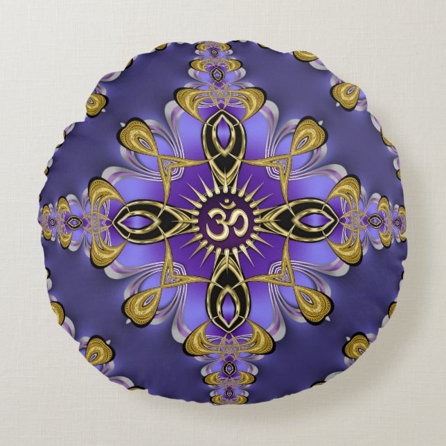 Purple Balance OM Mandala Spiritual Yoga  Round Pillow (Front)