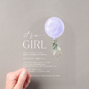 Purple Balloon, Eucalyptus, Greenery, Baby Shower Acrylic Invitations