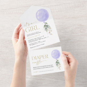 Purple Balloon, Eucalyptus, Greenery, Baby Shower All In One Invitation