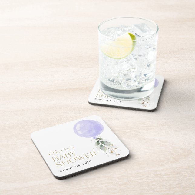 Purple Balloon, Eucalyptus, Greenery, Baby Shower Coaster (Right Side)