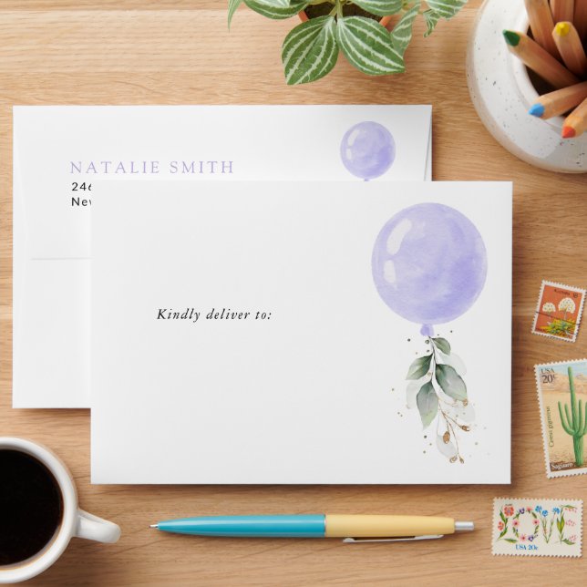 Purple Balloon, Eucalyptus, Greenery, Baby Shower Envelope (Desk)