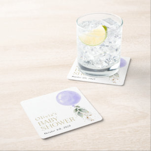Purple Balloon, Eucalyptus, Greenery, Baby Shower Square Paper Coaster