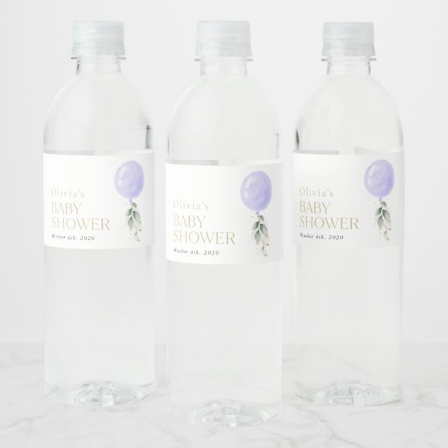 Purple Balloon, Eucalyptus, Greenery, Baby Shower Water Bottle Label (Bottles)