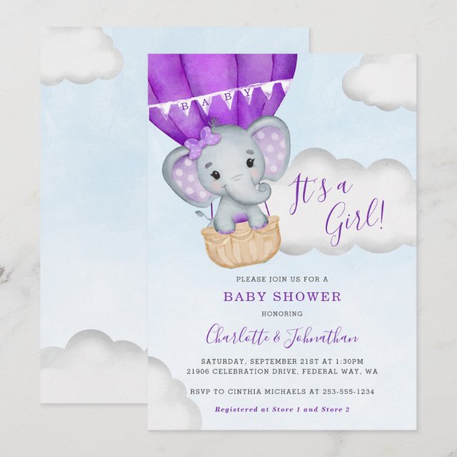Purple Balloon Girl Elephant Baby Shower Invitation (Front/Back)