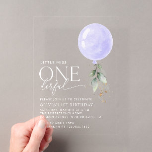 Purple Balloon, Greenery, Foliage, First Birthday Acrylic Invitations