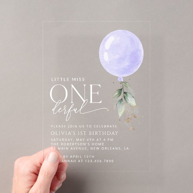 Purple Balloon, Greenery, Foliage, First Birthday Acrylic Invitations (Insitu (Handheld))