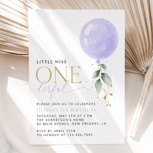 Purple Balloon, Greenery, Foliage, First Birthday Invitation