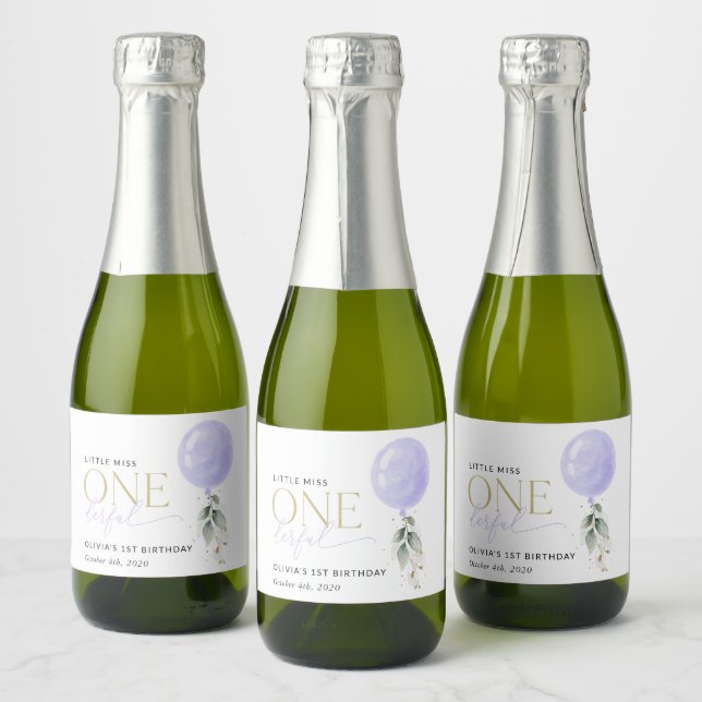 Purple Balloon, Greenery, Foliage, First Birthday Sparkling Wine Label (Bottles)